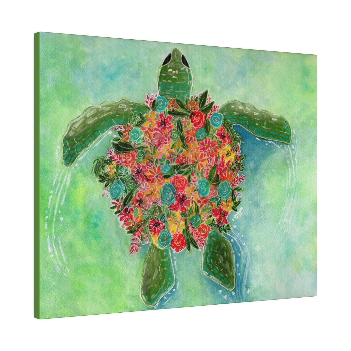Watercolor Floral Turtle Canvas