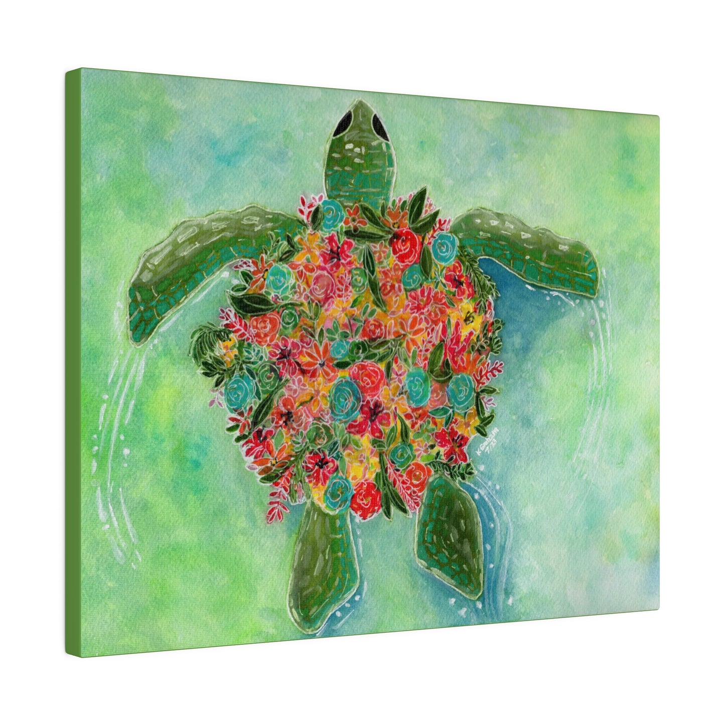 Watercolor Floral Turtle Canvas