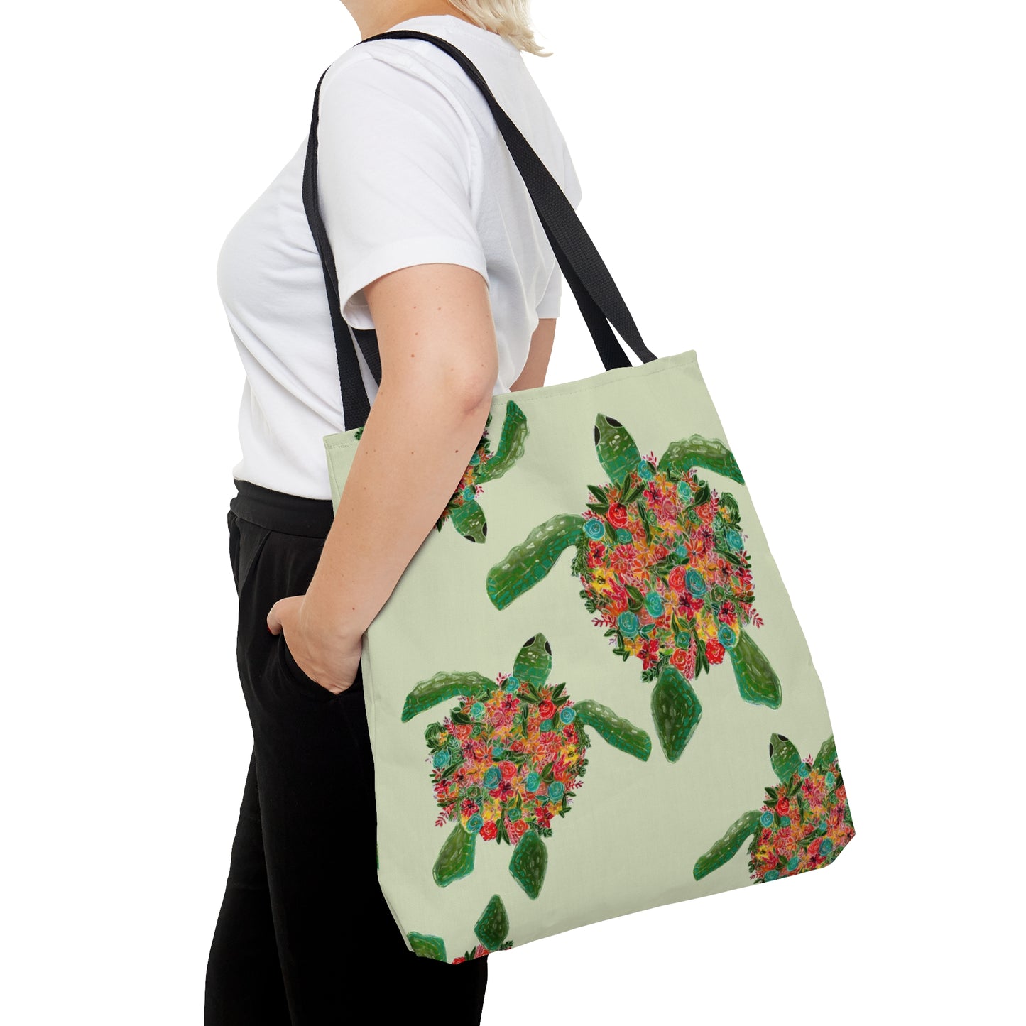Watercolor Floral Turtles Tote Bag