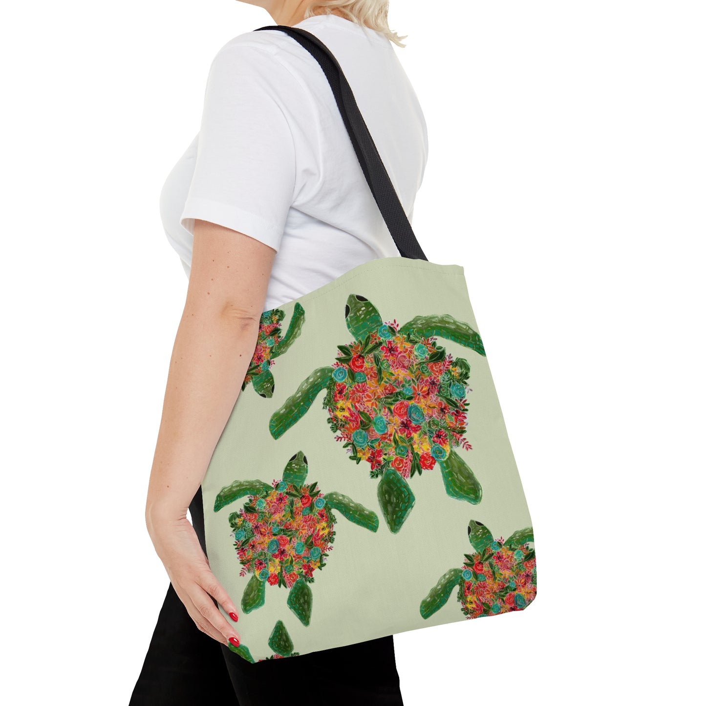 Watercolor Floral Turtles Tote Bag