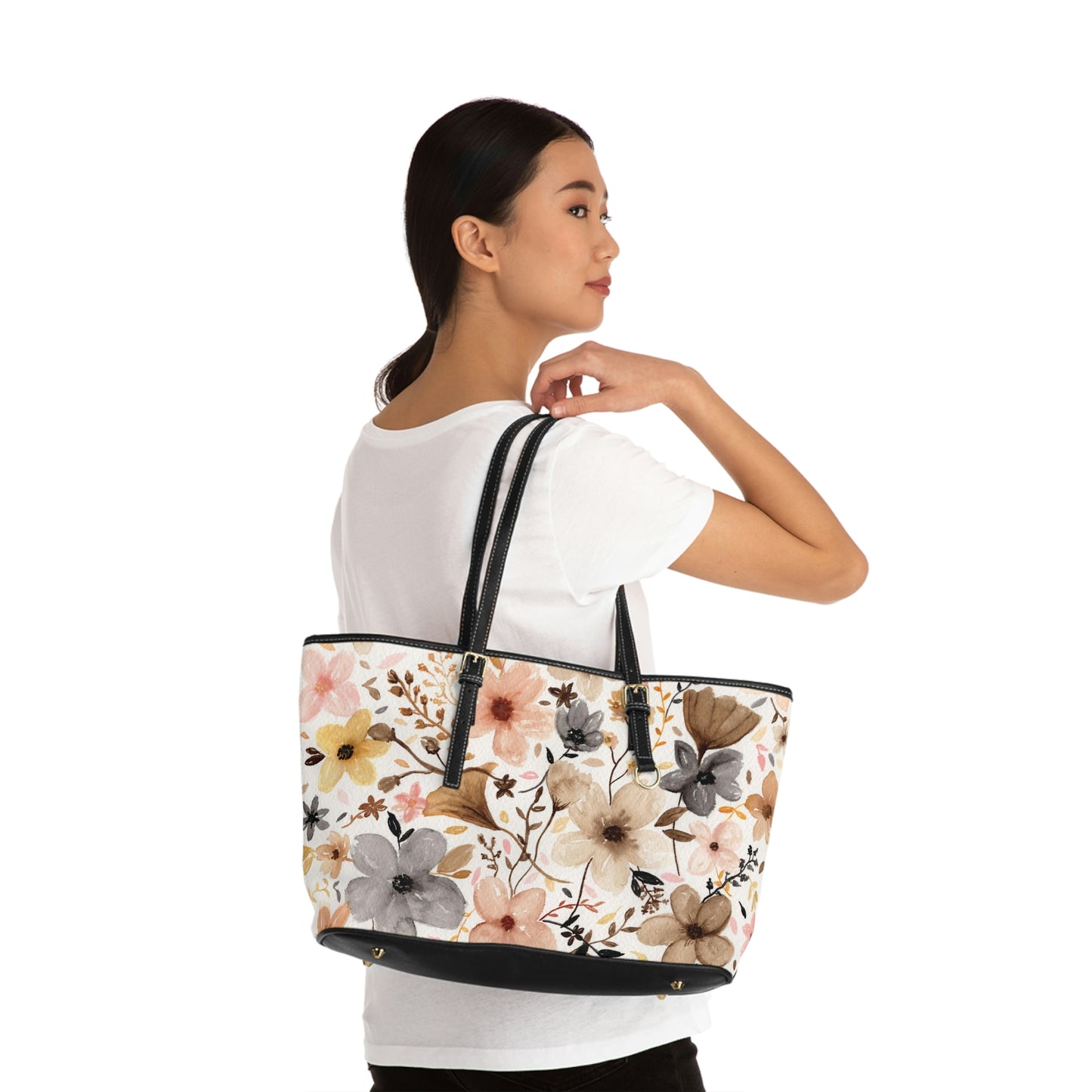 Neutral Floral Leather Shoulder Bag