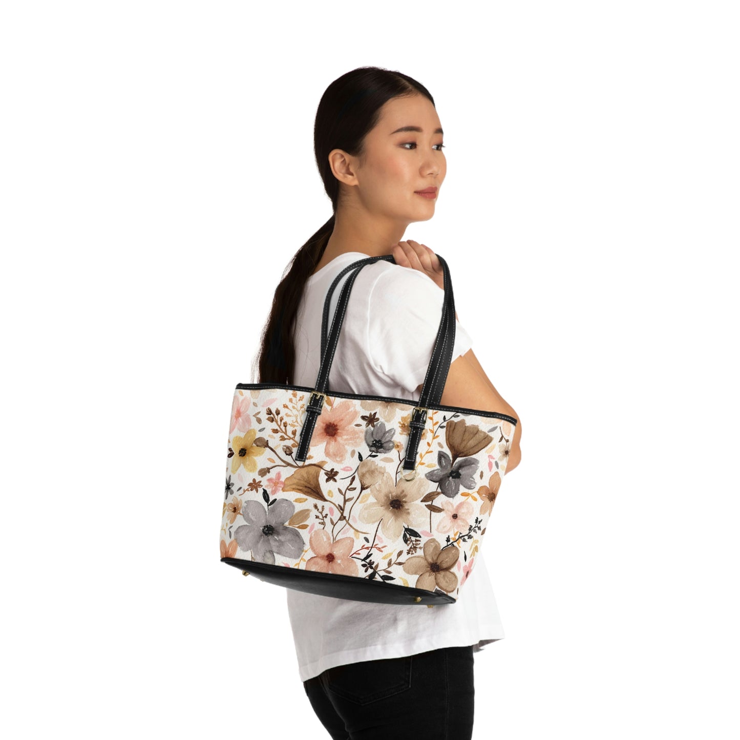 Neutral Floral Leather Shoulder Bag